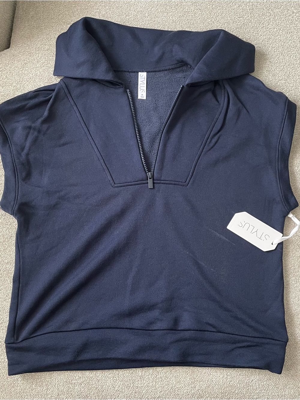 STYLUS Navy Sleeveless Zip-Front Hooded Top